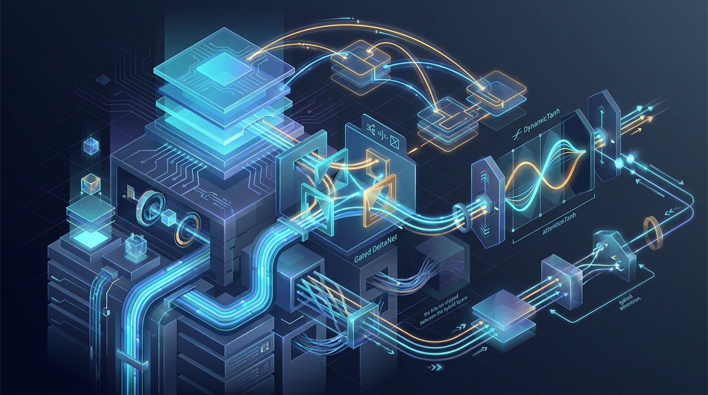 Gated DeltaNet, hyper-connections, and DynamicTanh inside the hybrid stack