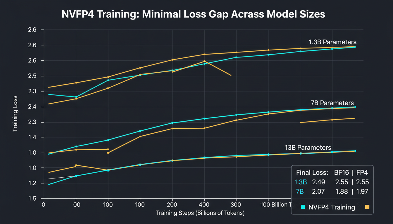 Training loss curves: BF16 vs FP4 across model sizes