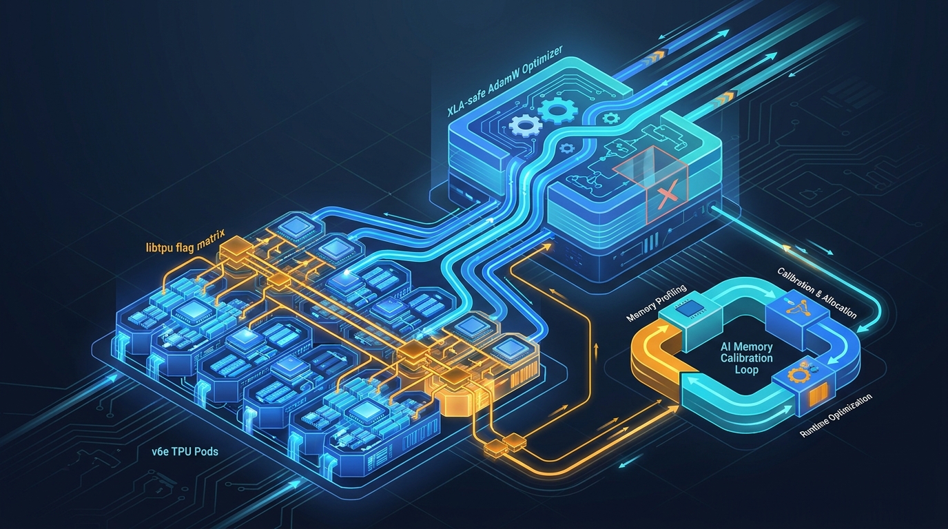 XLA-safe AdamW and TPU runtime flags on v6e